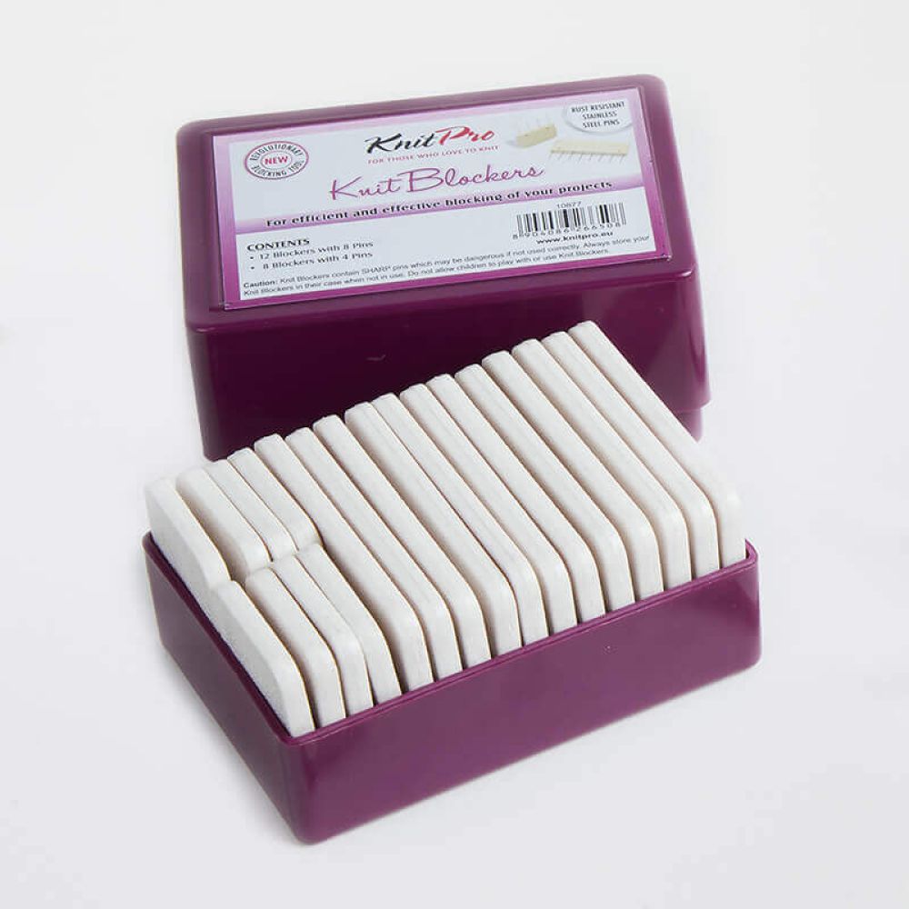 KnitPro Original white knit blockers with purple storage case, pack of 20