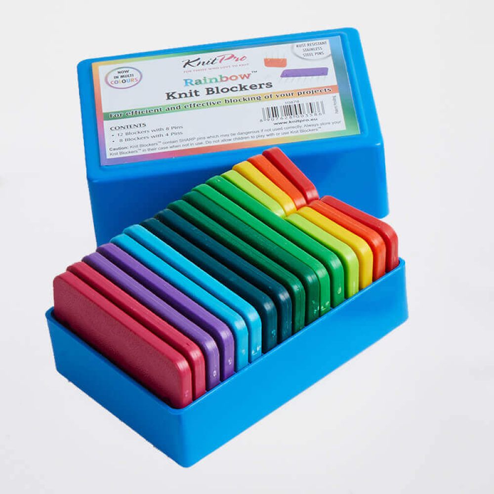 KnitPro Rainbow Knit Blockers pack of 20 in the fitted blue storage case