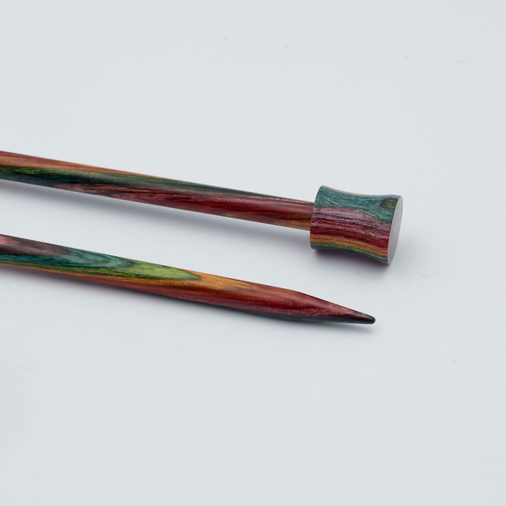 Close view of KnitPro Symfonie 2 rainbow laminated birchwood needles