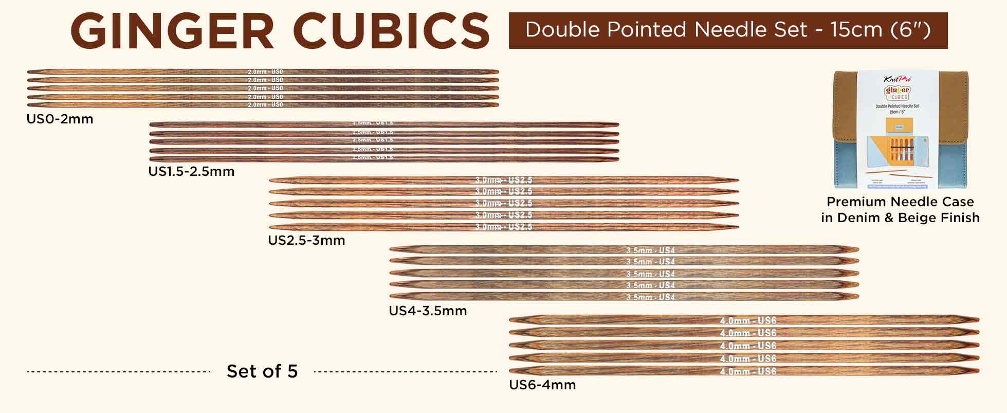 KnitPro Ginger Cubics Double Pointed Knitting Needle Set