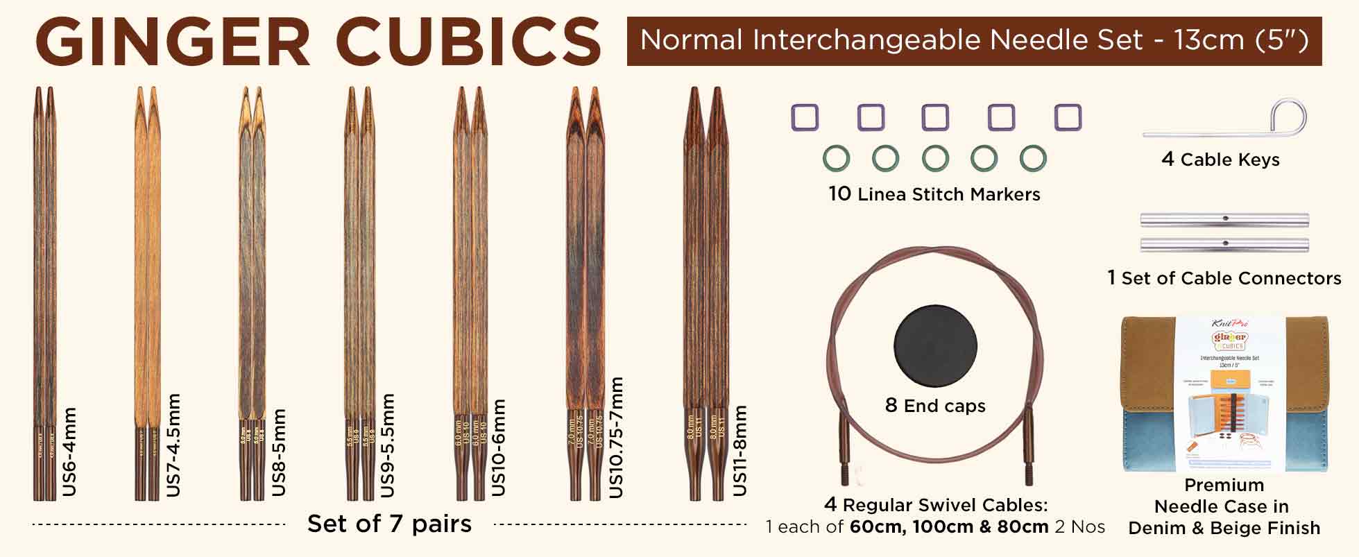 KnitPro Ginger Cubics Normal Interchangeable Needle Sets - 13cm (5”)