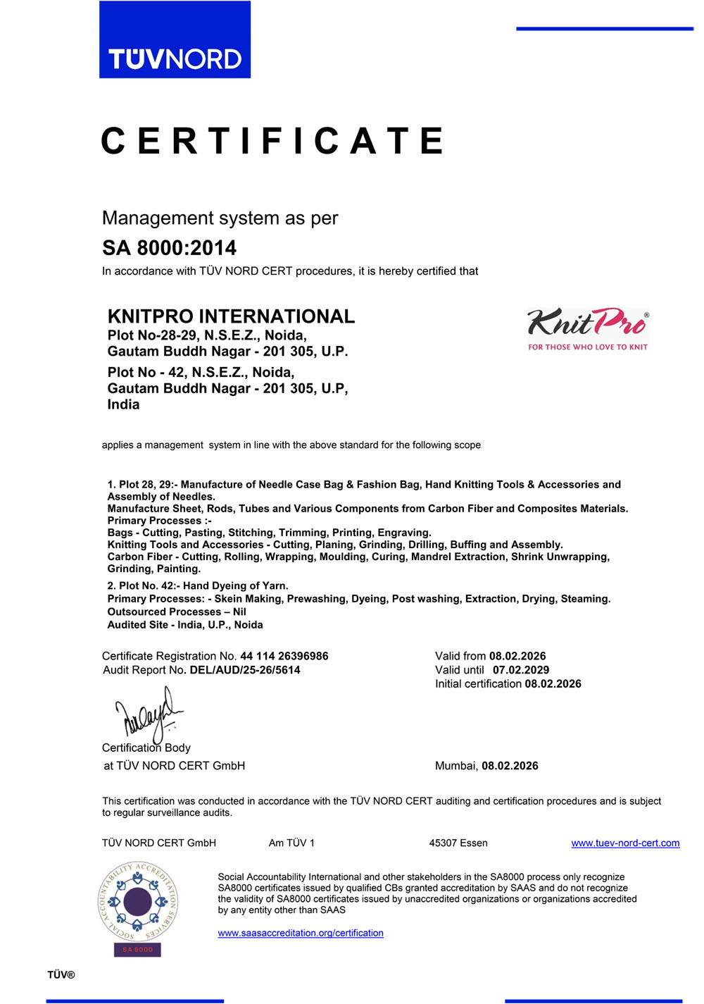 KnitPro SA 8000 Certificate