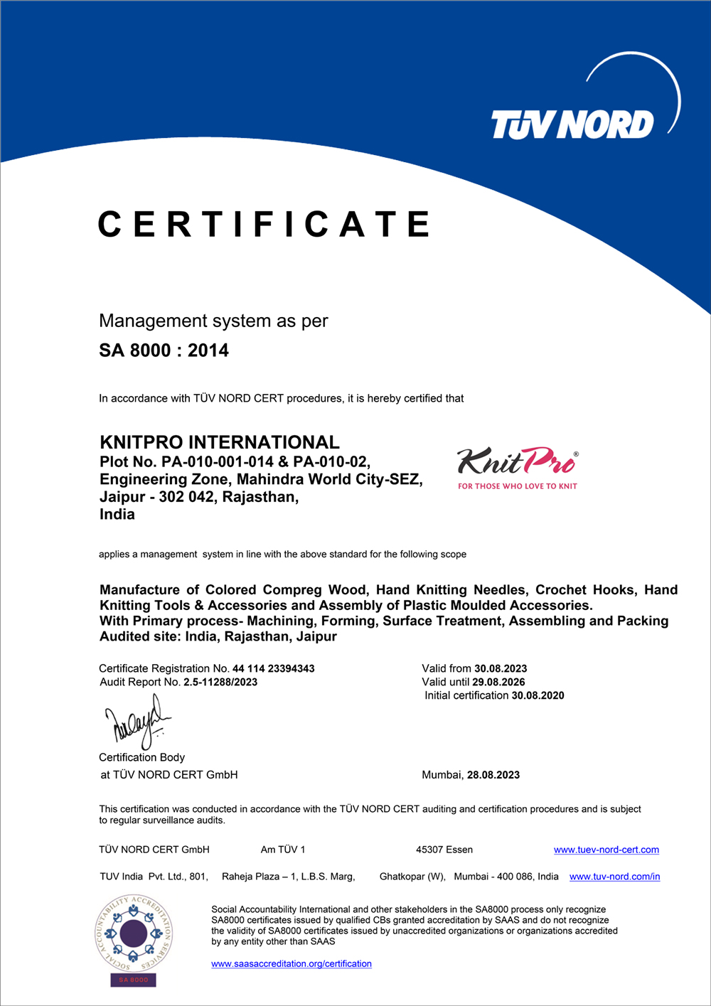 KnitPro SA 8000 Certificate